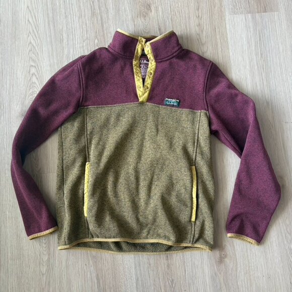 LLBean Sweater gold Maroon Color Block Button up popover Medium - Picture 1 of 7